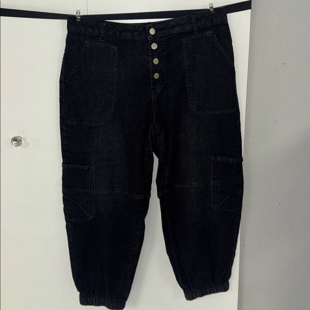 Flamingals Black Button-Up Denim Cargo Joggers